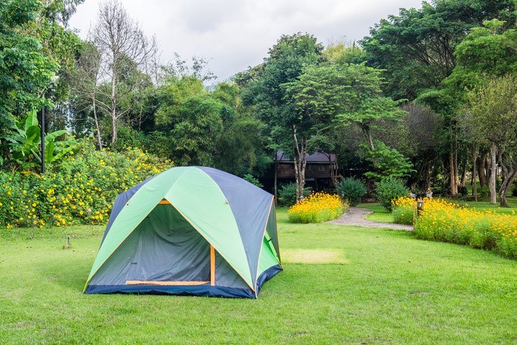 Camping Tent On Green Lawn Backyard